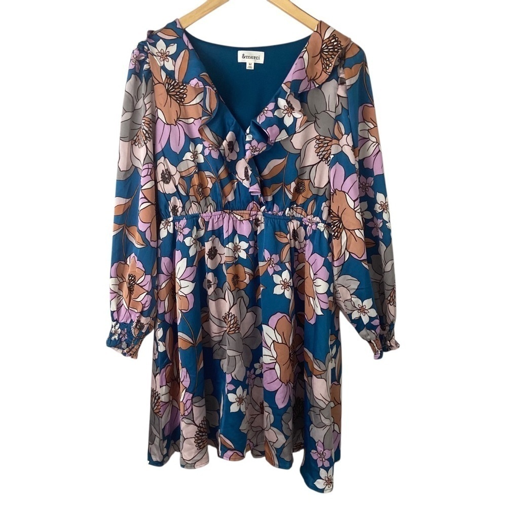 &Merci Retro Floral Dress Multicolored M Ruffle Trim Mini Spring Summer Wedding